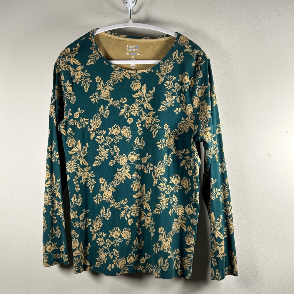 Croft & Barrow Classic Tee Women XL Teal Floral Long Sleeve Cotton Top floral